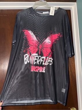 NWOT OVER SIZED Medium Sheer Black Swimsuit Cover Up with Pink Butterfly